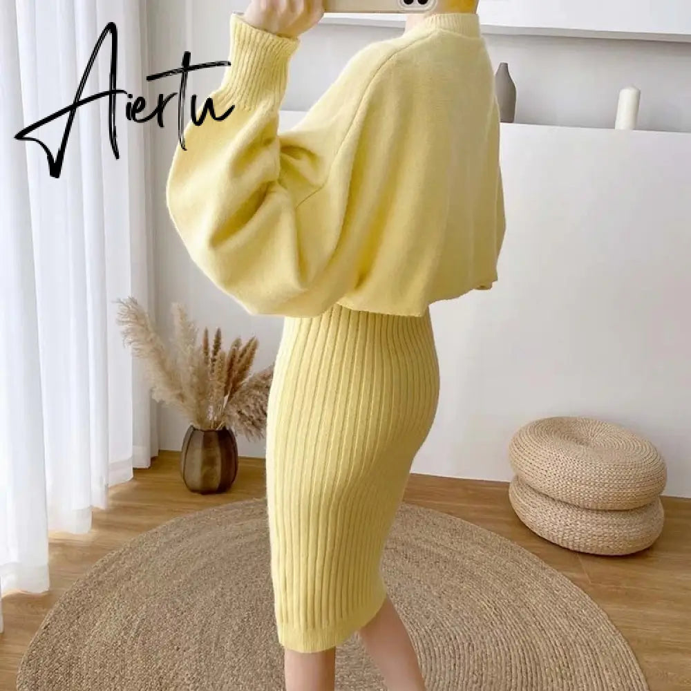 New Fall/Winter Bat Sleeve O-Neck Soft Sweater  + Women's Knitted Vest Long Dress Two-Piece Dress Sets Femme Aiertu