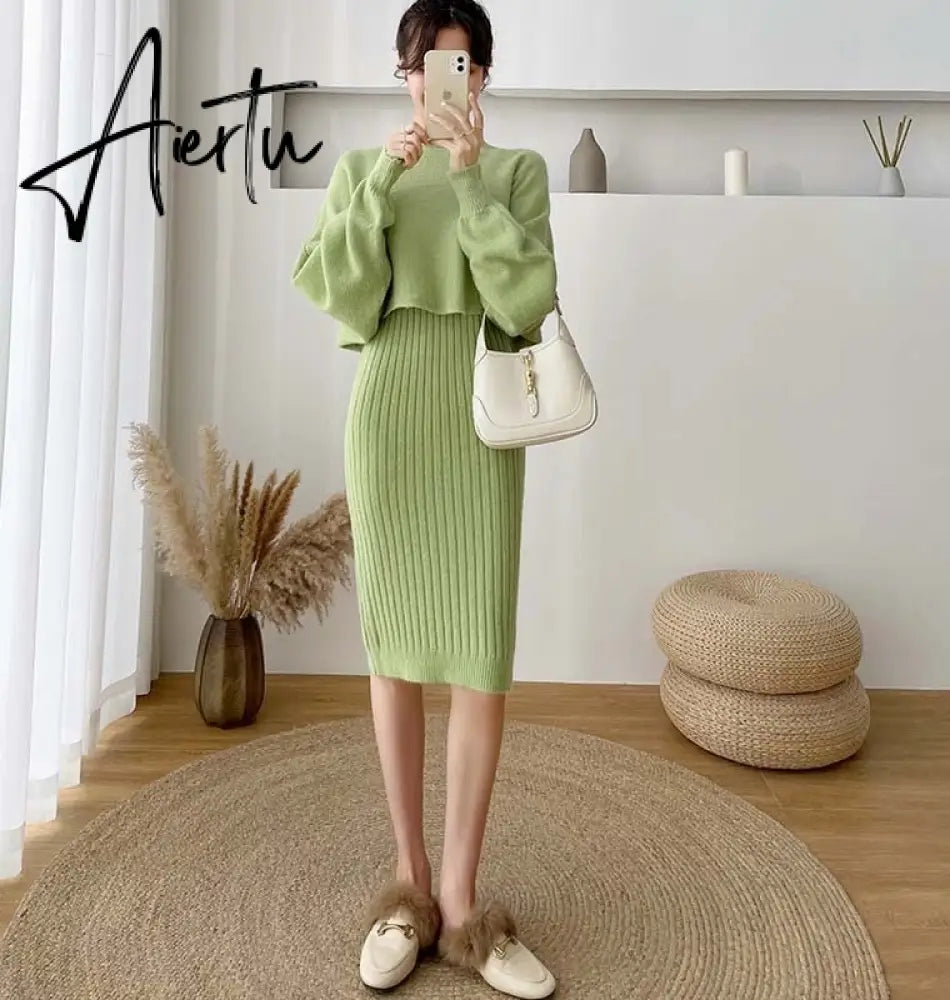 New Fall/Winter Bat Sleeve O-Neck Soft Sweater  + Women's Knitted Vest Long Dress Two-Piece Dress Sets Femme Aiertu