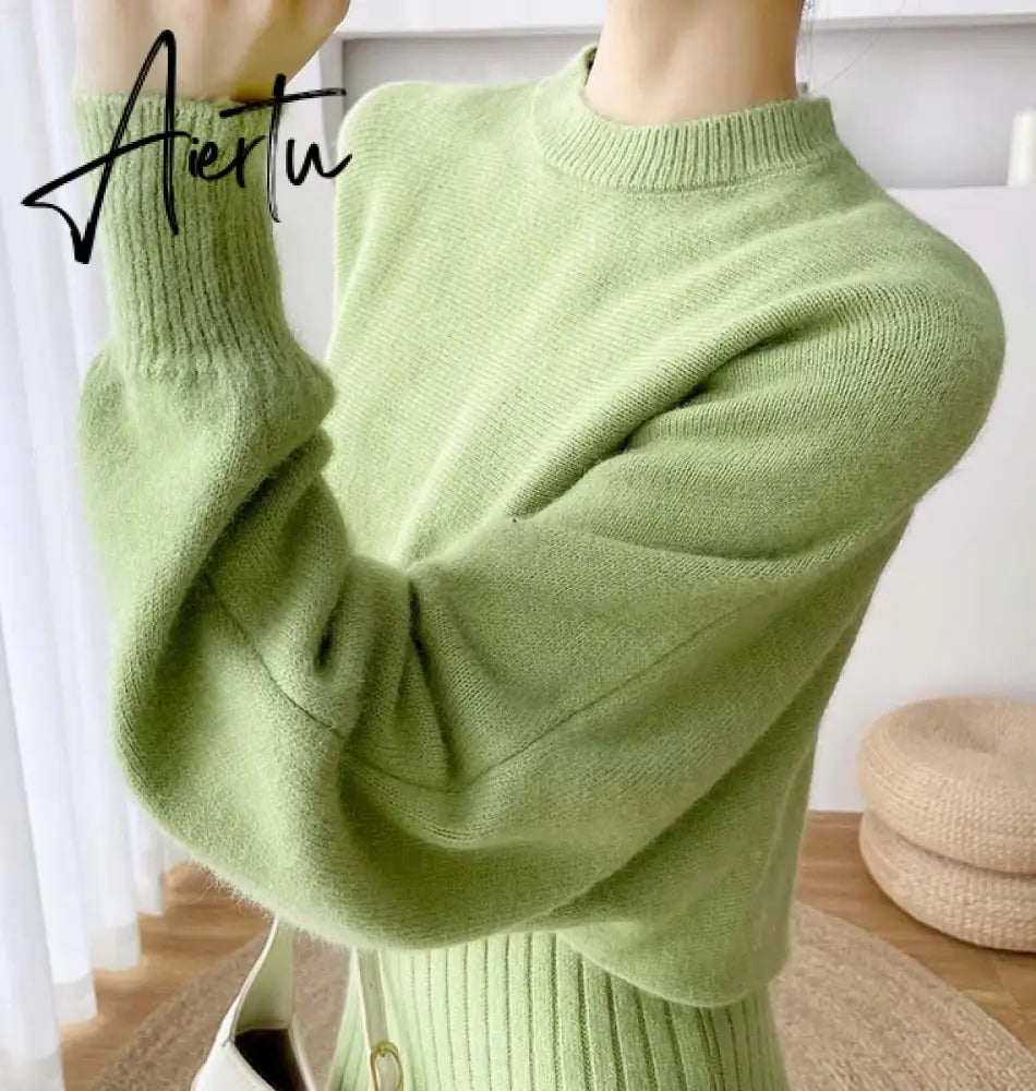 New Fall/Winter Bat Sleeve O-Neck Soft Sweater  + Women's Knitted Vest Long Dress Two-Piece Dress Sets Femme Aiertu