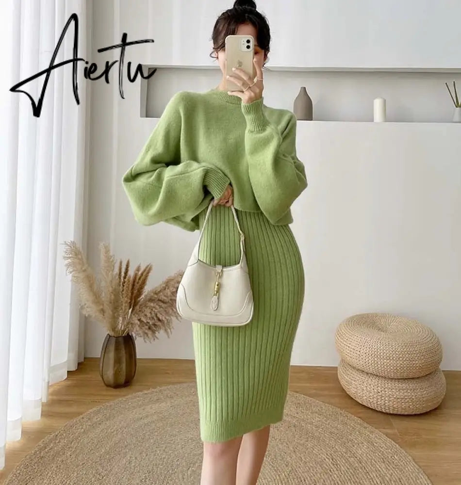 New Fall/Winter Bat Sleeve O-Neck Soft Sweater  + Women's Knitted Vest Long Dress Two-Piece Dress Sets Femme Aiertu