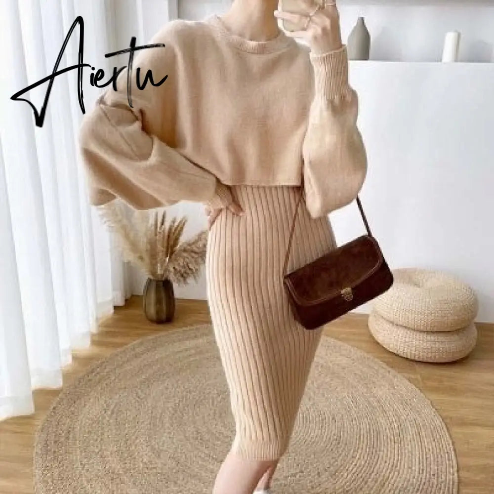 New Fall/Winter Bat Sleeve O-Neck Soft Sweater  + Women's Knitted Vest Long Dress Two-Piece Dress Sets Femme Aiertu