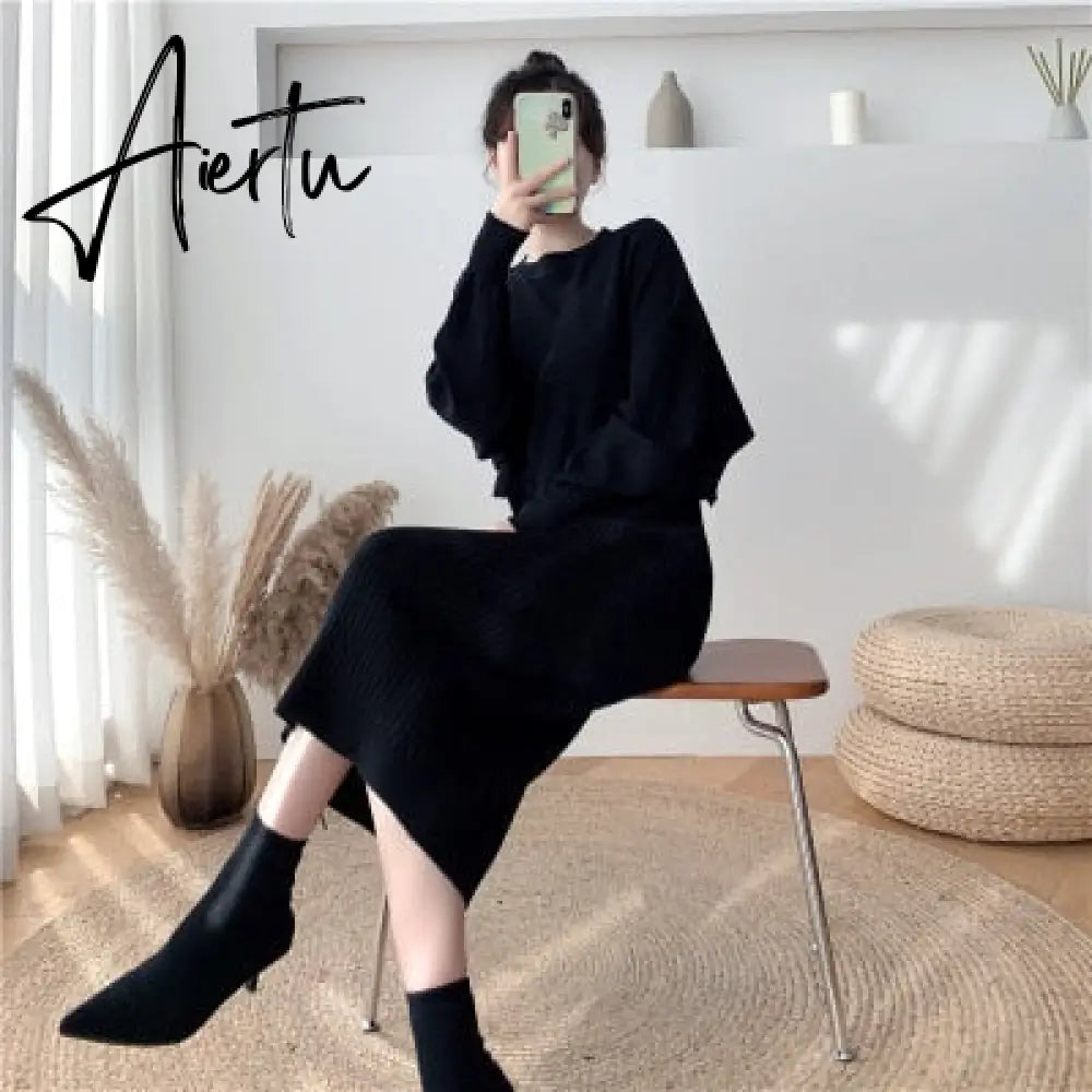New Fall/Winter Bat Sleeve O-Neck Soft Sweater  + Women's Knitted Vest Long Dress Two-Piece Dress Sets Femme Aiertu