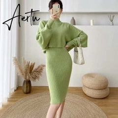 New Fall/Winter Bat Sleeve O-Neck Soft Sweater  + Women's Knitted Vest Long Dress Two-Piece Dress Sets Femme Aiertu