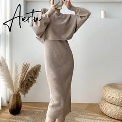 New Fall/Winter Bat Sleeve O-Neck Soft Sweater  + Women's Knitted Vest Long Dress Two-Piece Dress Sets Aiertu