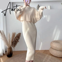 New Fall/Winter Bat Sleeve O-Neck Soft Sweater  + Women's Knitted Vest Long Dress Two-Piece Dress Sets Aiertu