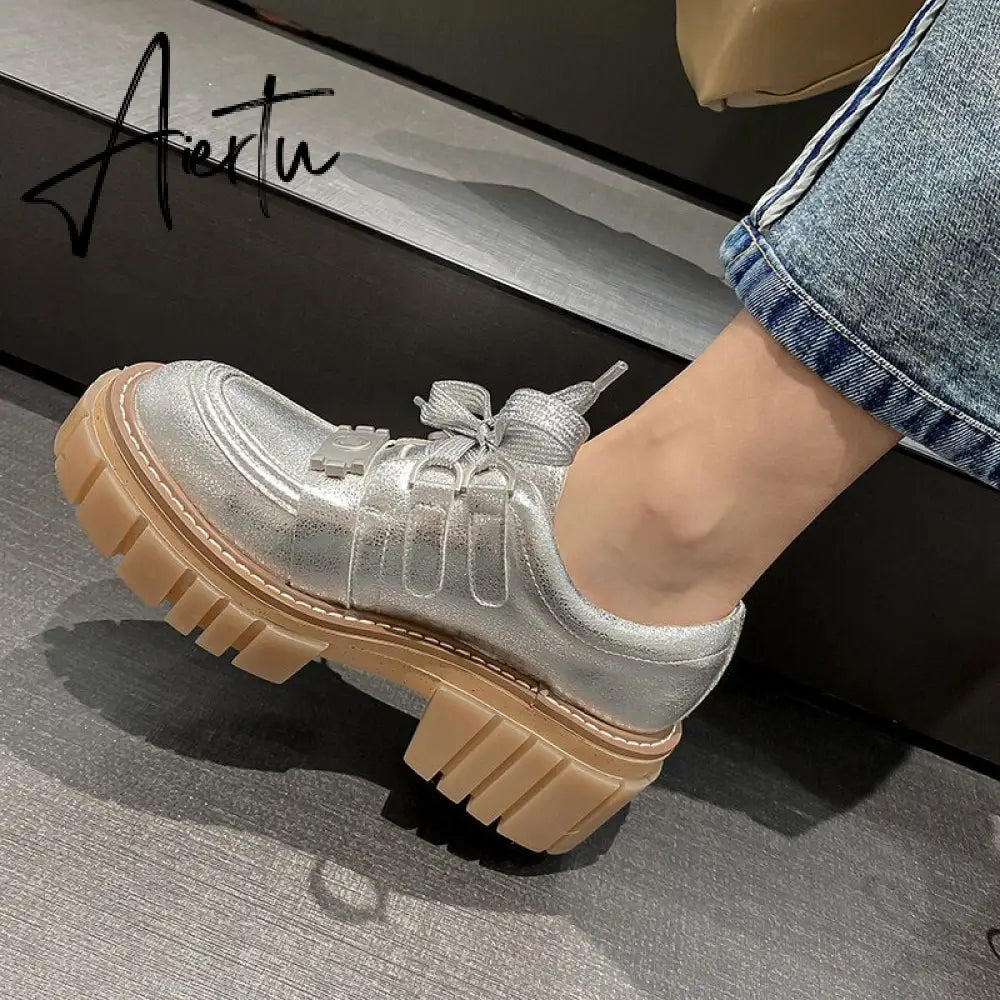 New Fashion Casual Shoes Women Pumps Genuine Leather Footwear Lace Up Gold Silver Punk Square Heel Platform Shoes Women Aiertu