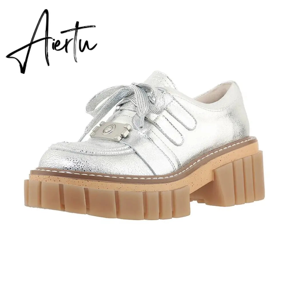 New Fashion Casual Shoes Women Pumps Genuine Leather Footwear Lace Up Gold Silver Punk Square Heel Platform Shoes Women Aiertu