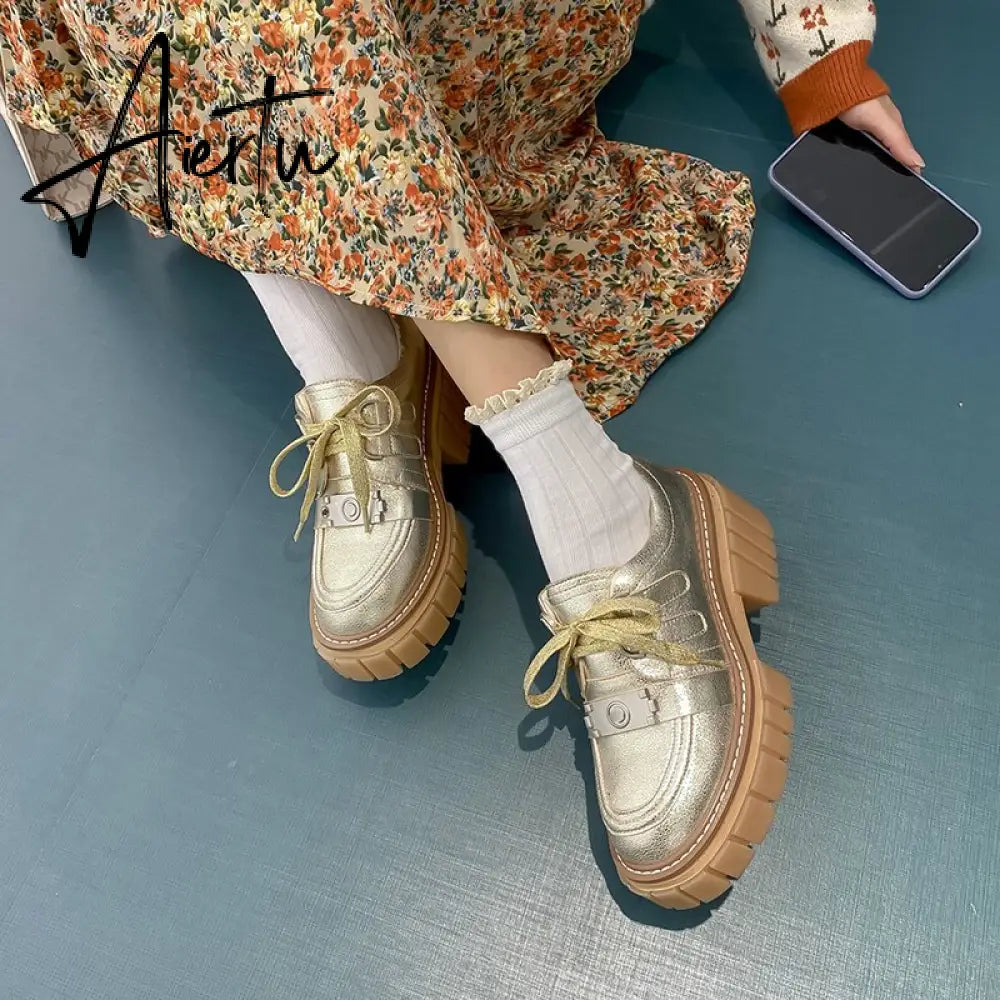 New Fashion Casual Shoes Women Pumps Genuine Leather Footwear Lace Up Gold Silver Punk Square Heel Platform Shoes Women Aiertu