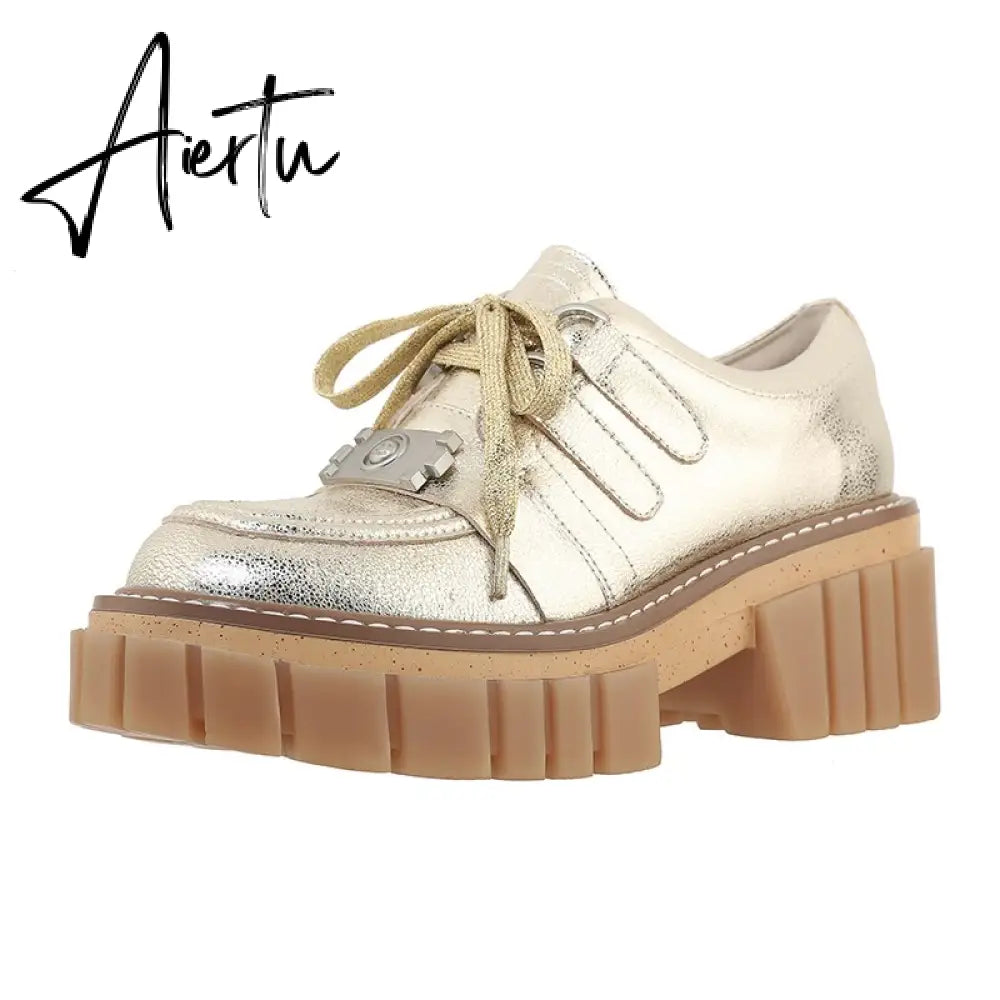 New Fashion Casual Shoes Women Pumps Genuine Leather Footwear Lace Up Gold Silver Punk Square Heel Platform Shoes Women Aiertu