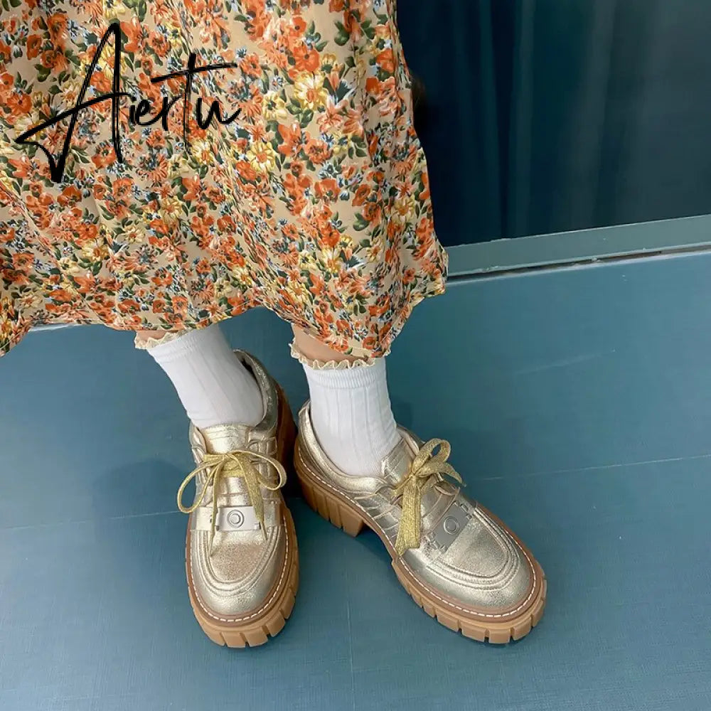 New Fashion Casual Shoes Women Pumps Genuine Leather Footwear Lace Up Gold Silver Punk Square Heel Platform Shoes Women Aiertu