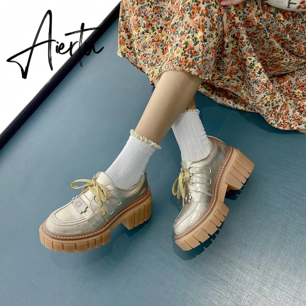 New Fashion Casual Shoes Women Pumps Genuine Leather Footwear Lace Up Gold Silver Punk Square Heel Platform Shoes Women Aiertu
