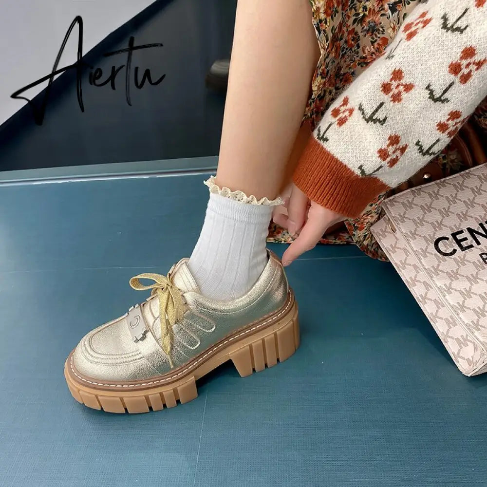 New Fashion Casual Shoes Women Pumps Genuine Leather Footwear Lace Up Gold Silver Punk Square Heel Platform Shoes Women Aiertu