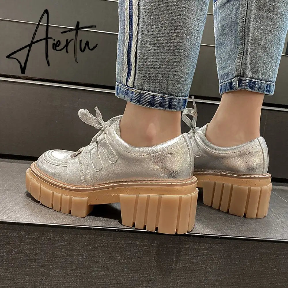New Fashion Casual Shoes Women Pumps Genuine Leather Footwear Lace Up Gold Silver Punk Square Heel Platform Shoes Women Aiertu
