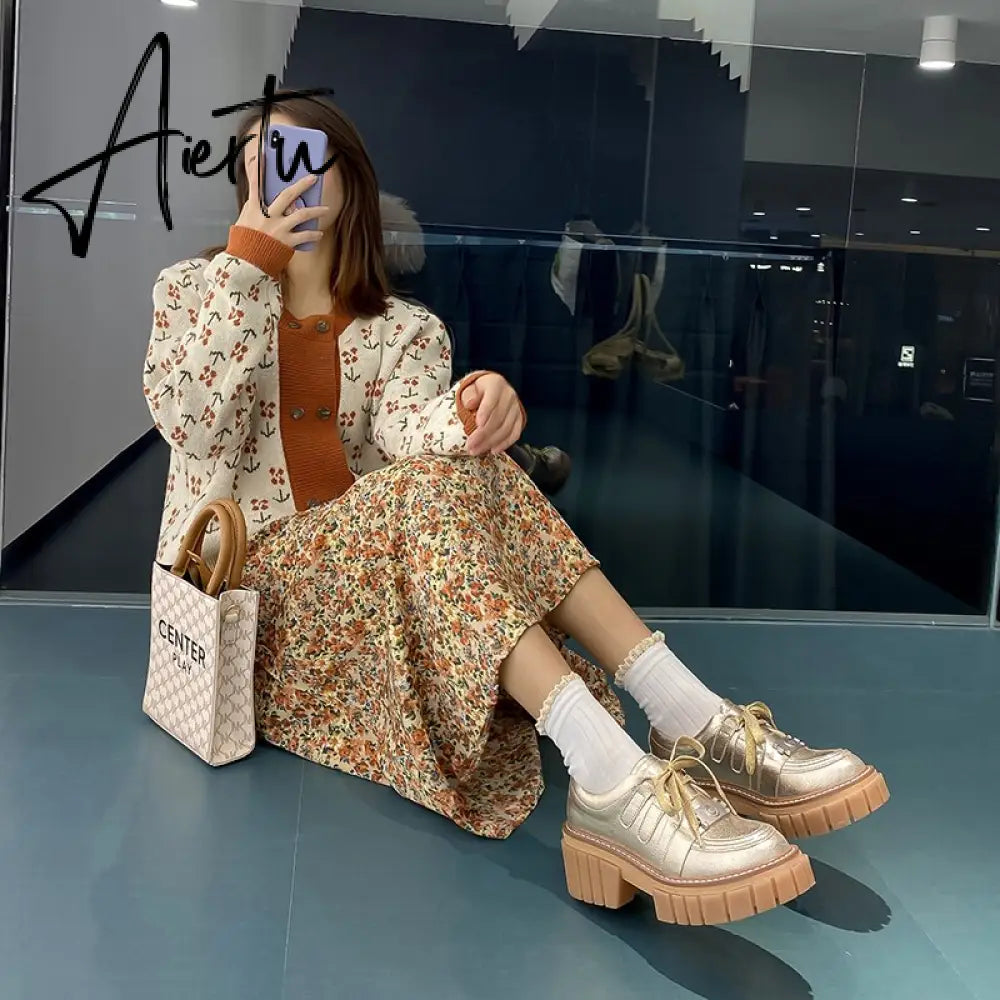 New Fashion Casual Shoes Women Pumps Genuine Leather Footwear Lace Up Gold Silver Punk Square Heel Platform Shoes Women Aiertu