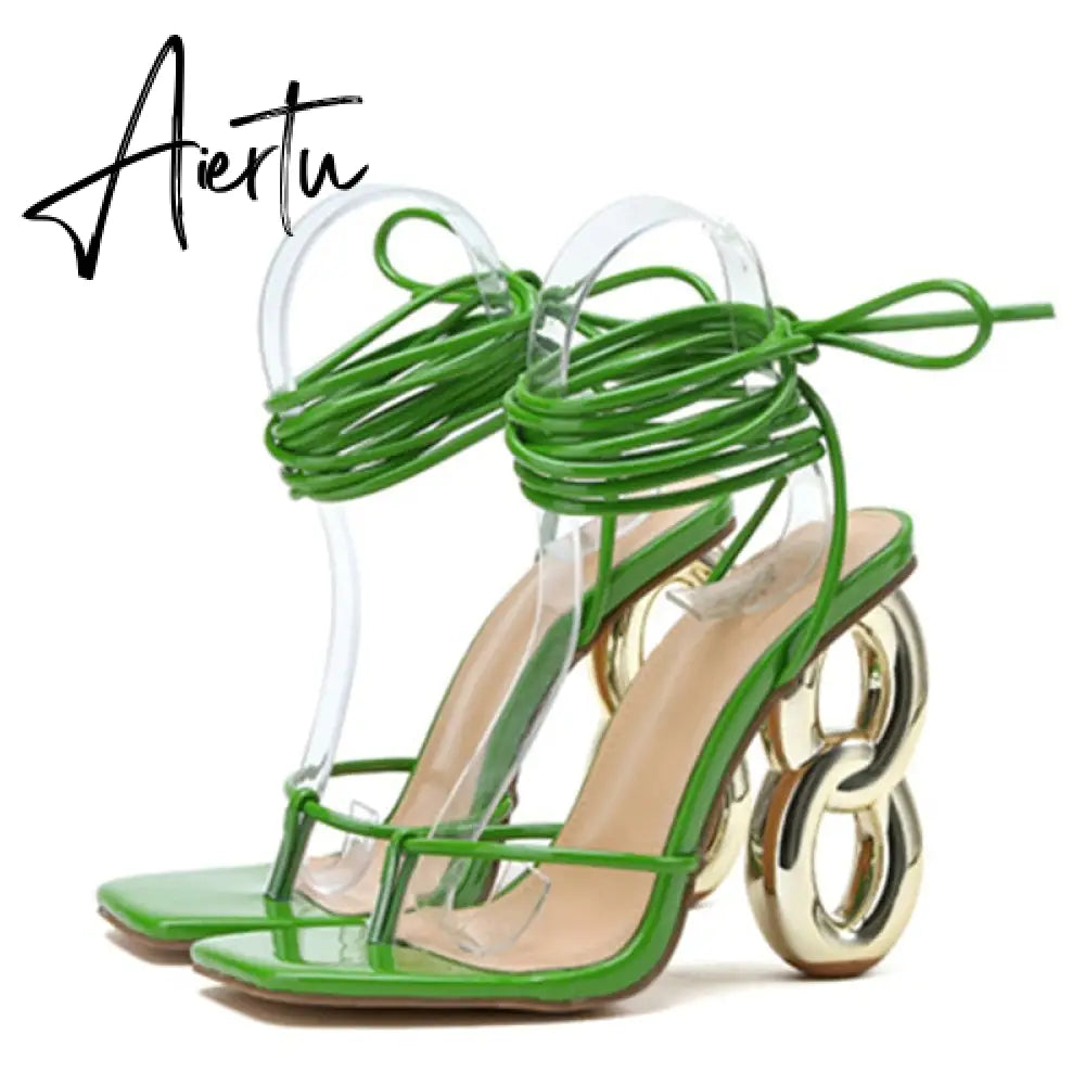 New Fashion Green Cross Ankle Strap Women's Strange High Heels Sexy Sandals Summer Pinch Narrow Band Square Toe Party Shoe Aiertu