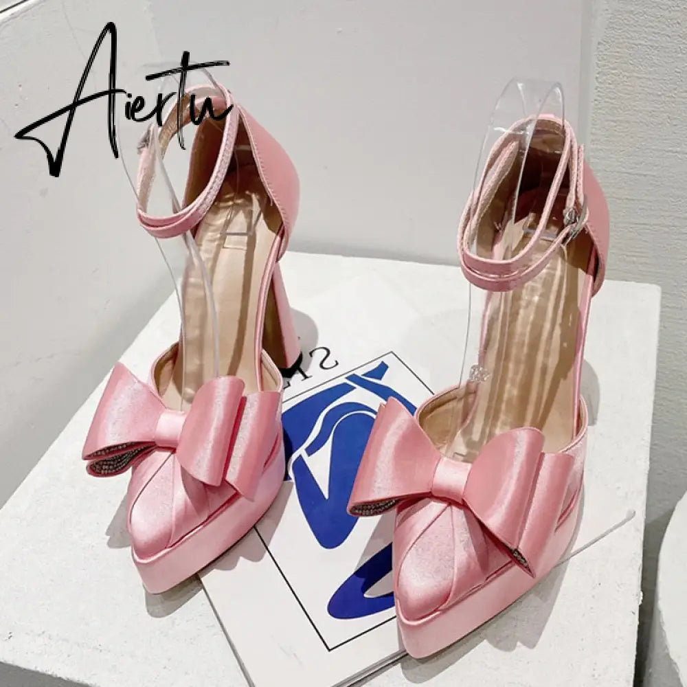 New Fashion Pink Bowknot Pointed Toe Super High Heels Platform Pumps Women Sandals Party Wedding Banquet Shoes Size 35-42 Aiertu