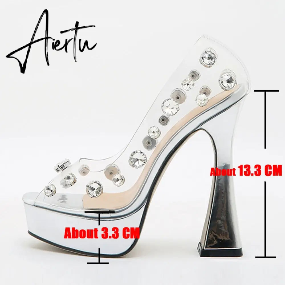 New Fashion Sexy Slingback PVC Crystal Peep Toe Women Sandals High Heels Slip On Party Wedding Platform Elegant Shoes Aiertu