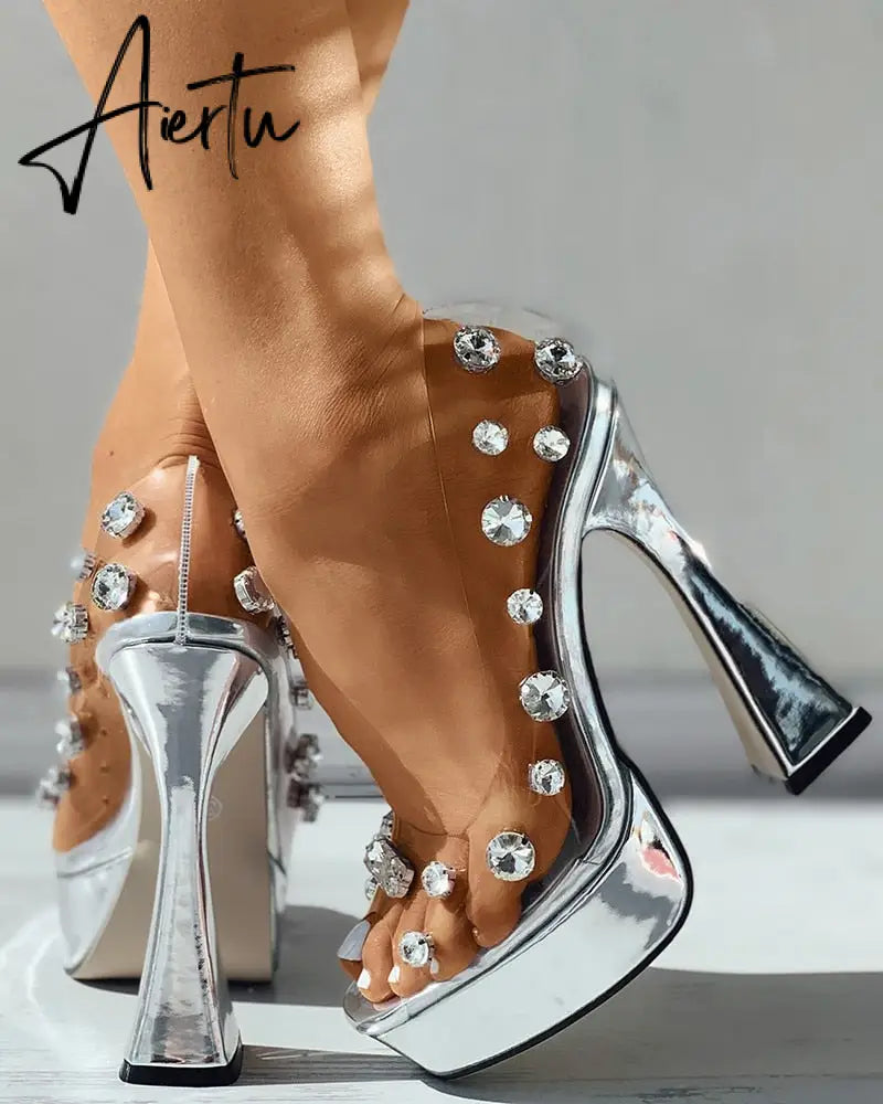 New Fashion Sexy Slingback PVC Crystal Peep Toe Women Sandals High Heels Slip On Party Wedding Platform Elegant Shoes Aiertu