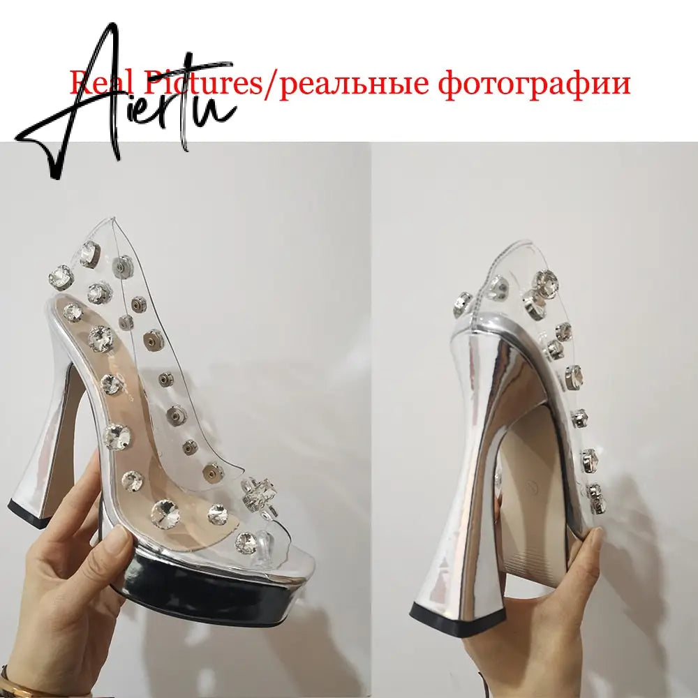 New Fashion Sexy Slingback PVC Crystal Peep Toe Women Sandals High Heels Slip On Party Wedding Platform Elegant Shoes Aiertu