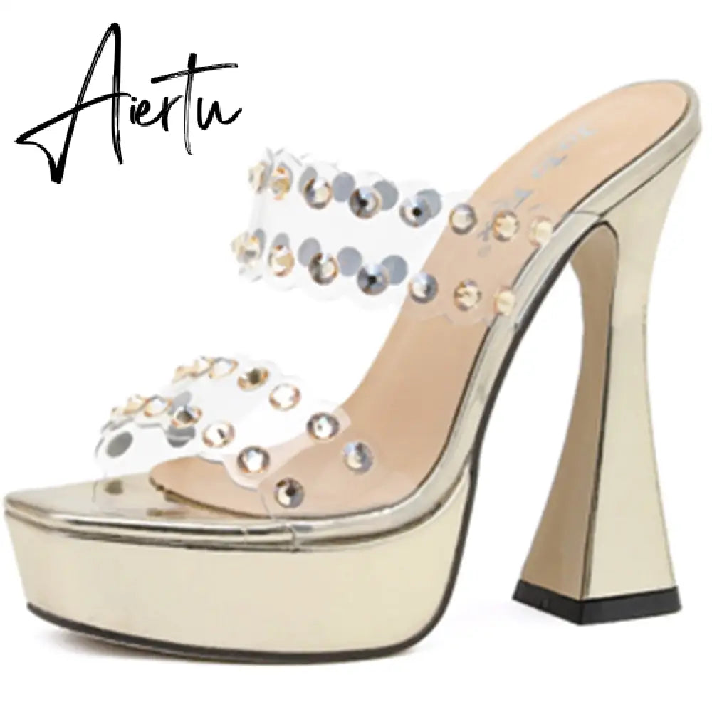 New Fashion Sexy Slingback PVC Crystal Peep Toe Women Sandals High Heels Slip On Party Wedding Platform Elegant Shoes Aiertu