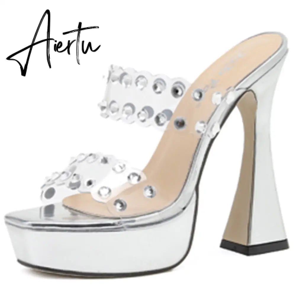 New Fashion Sexy Slingback PVC Crystal Peep Toe Women Sandals High Heels Slip On Party Wedding Platform Elegant Shoes Aiertu