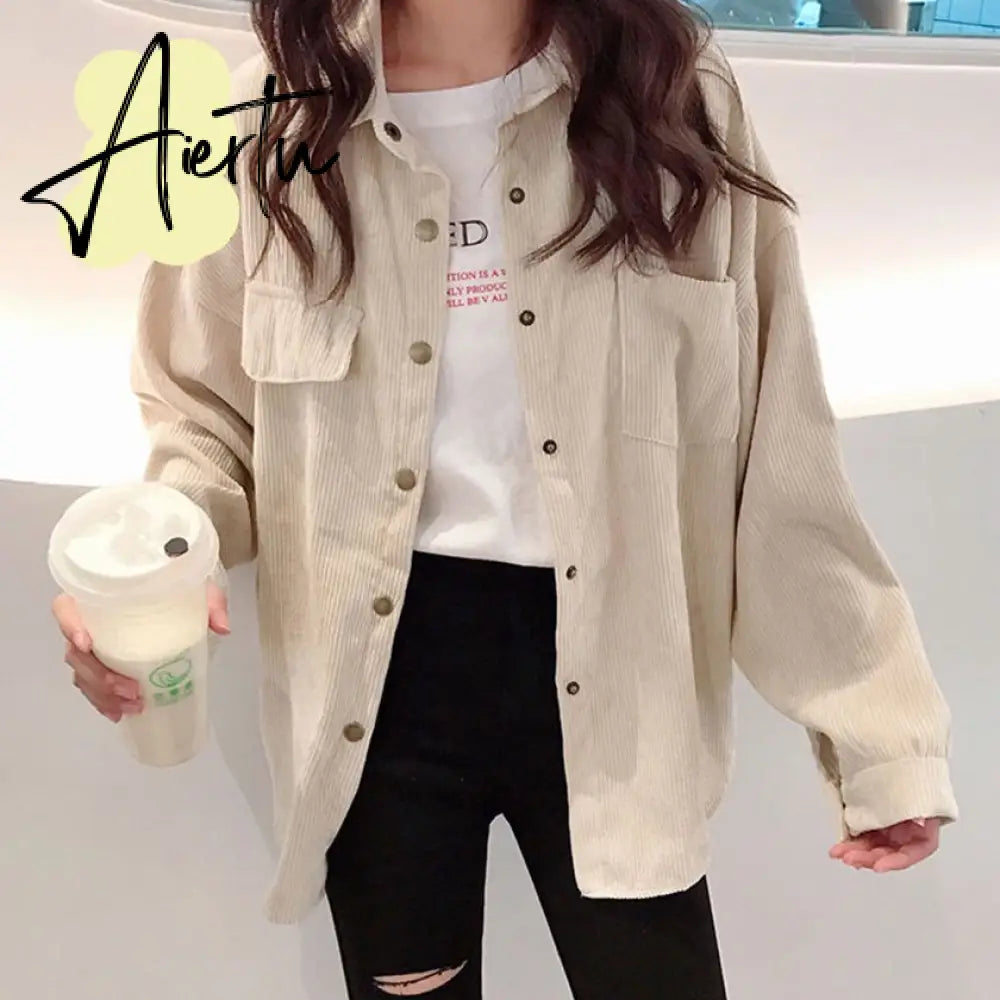 New Fashion Woman Corduroy Jacket Solid Shirt Single Breasted Turn Down Collar Long Sleeve Pocket Button Feminina T90801J Aiertu