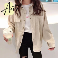 New Fashion Woman Corduroy Jacket Solid Shirt Single Breasted Turn Down Collar Long Sleeve Pocket Button Feminina T90801J Aiertu