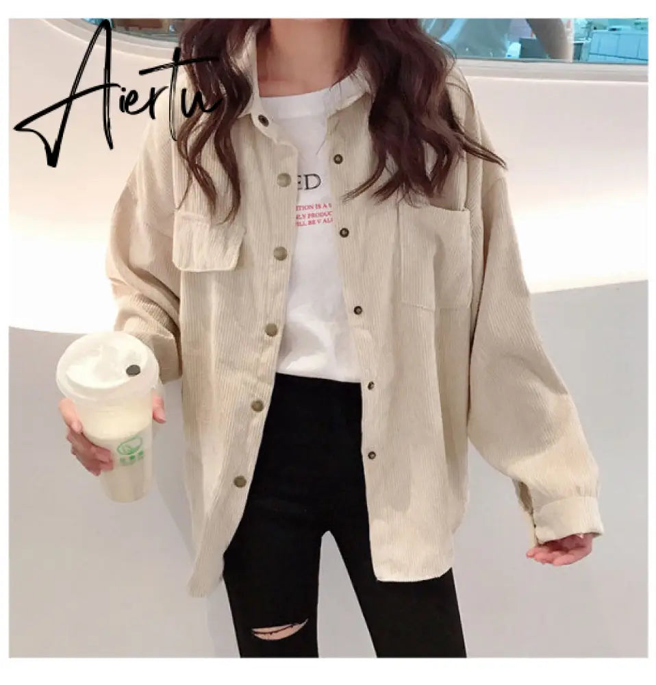 New Fashion Woman Corduroy Jacket Solid Shirt Single Breasted Turn Down Collar Long Sleeve Pocket Button Feminina T90801J Aiertu