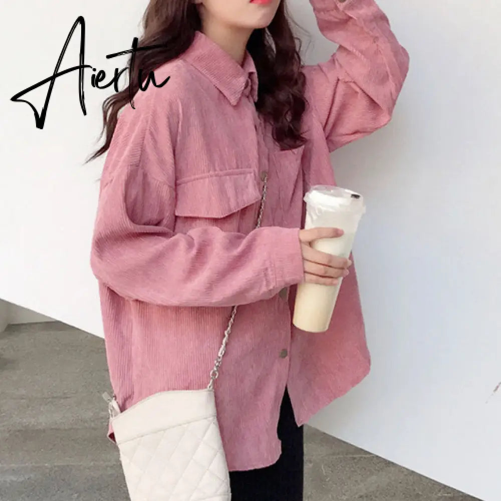 New Fashion Woman Corduroy Jacket Solid Shirt Single Breasted Turn Down Collar Long Sleeve Pocket Button Feminina T90801J Aiertu