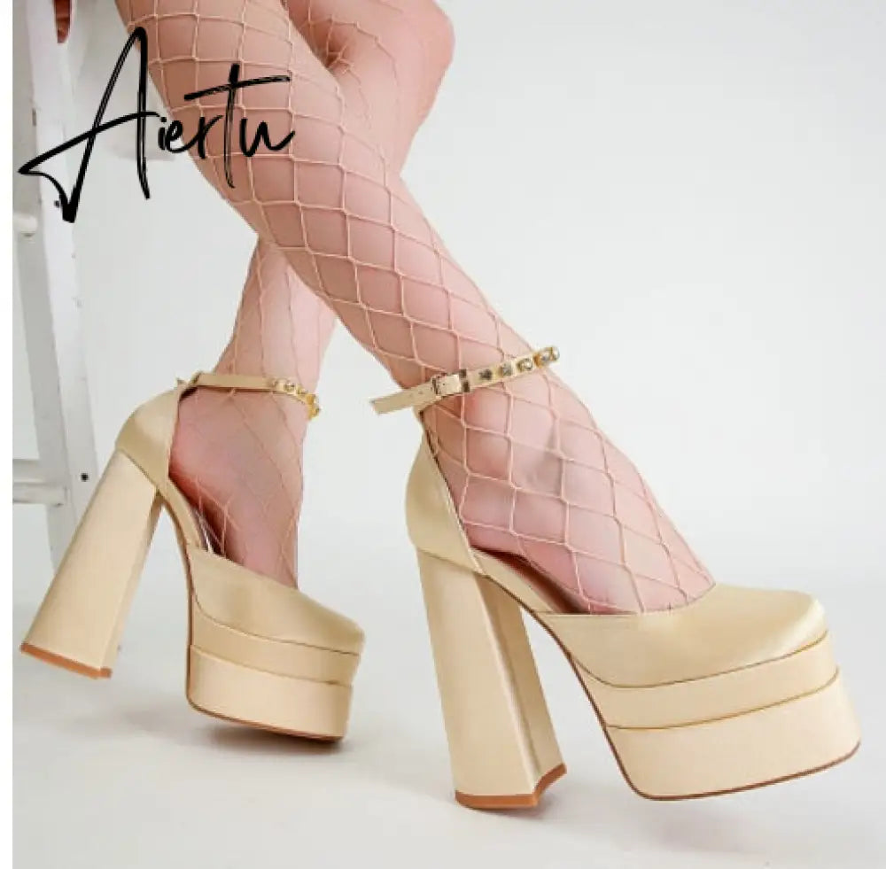 New Fashion Women Pumps Retro Mary Janes Chunky Heels Sandals Spring Platform Dress Party Wedding Basic Shoes Woman Big Size Aiertu