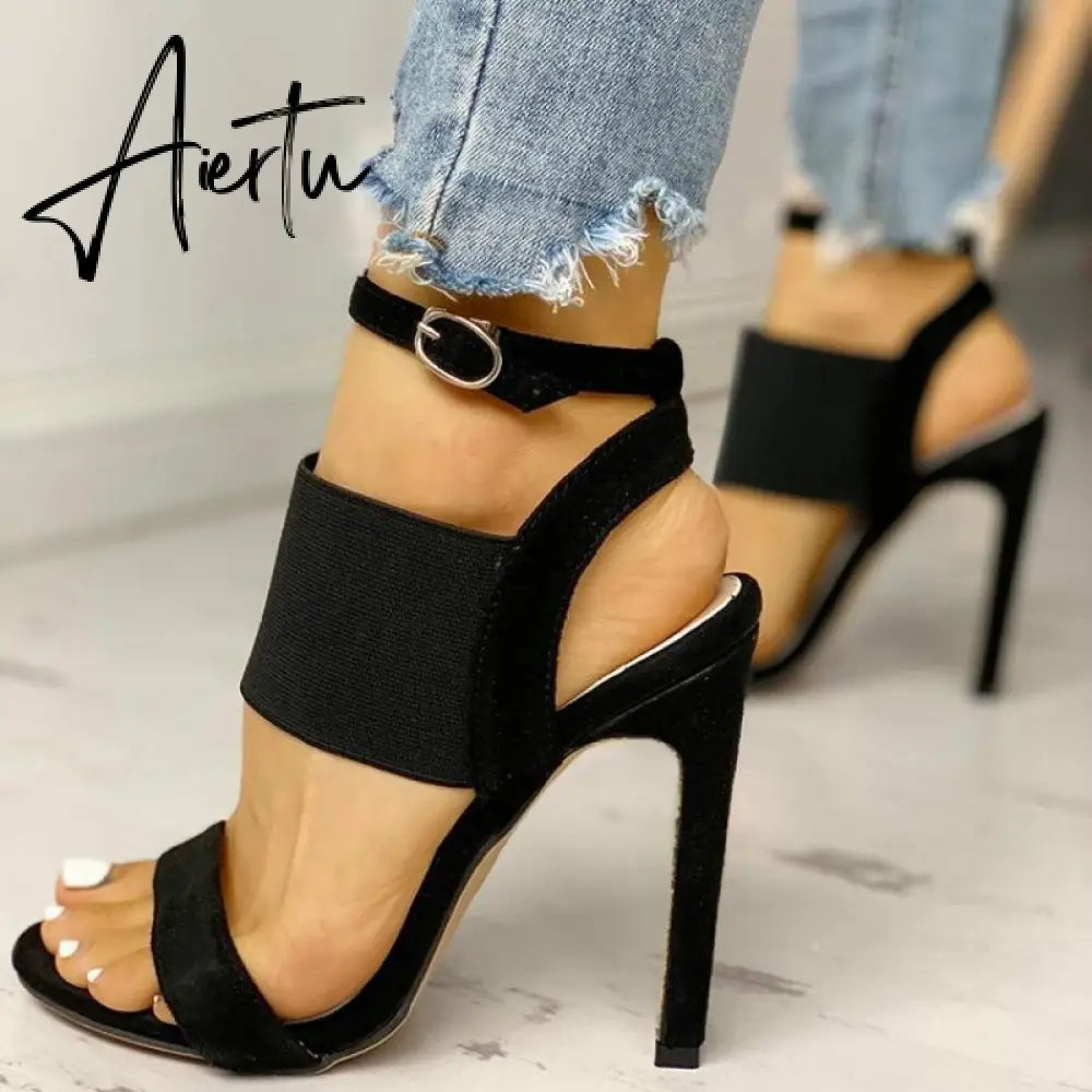 New Fashion Women Summer High-Heeled Sandals Solid Color Casual High Heels Shoes Female Buckle Strap Open Toe Sexy Women Pumps Aiertu