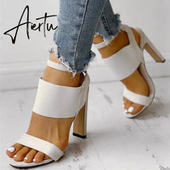 New Fashion Women Summer High-Heeled Sandals Solid Color Casual High Heels Shoes Female Buckle Strap Open Toe Sexy Women Pumps Aiertu