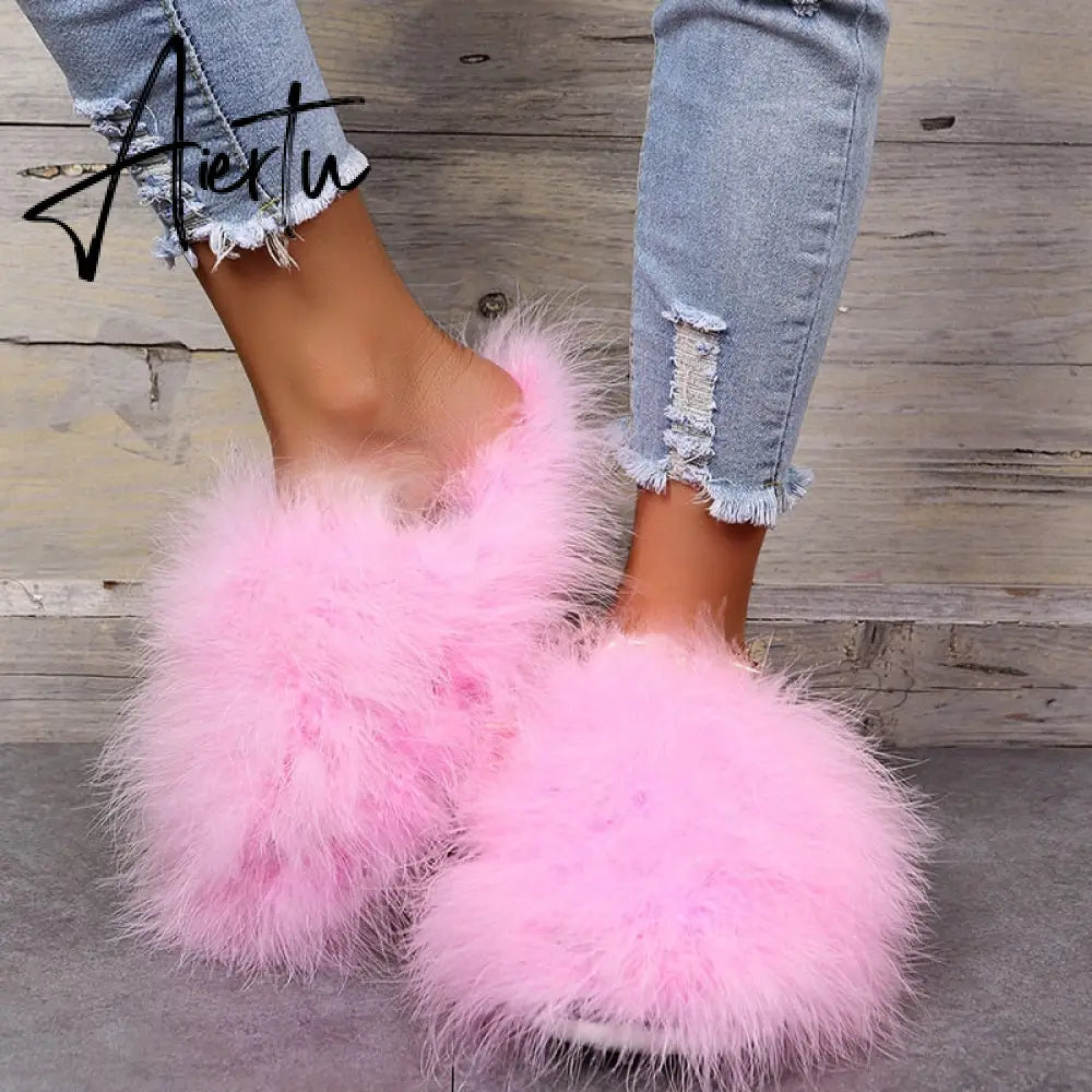 New Faux Fox Fur Slippers Women's Furry Warm Flip Flops Fullfy Raccoon Fur Slides Flat Comfortable Home Shoes Plus Size Couple Aiertu