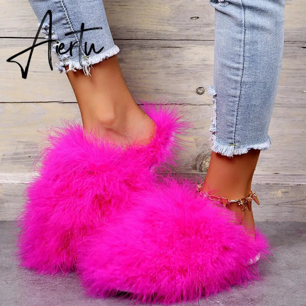 New Faux Fox Fur Slippers Women's Furry Warm Flip Flops Fullfy Raccoon Fur Slides Flat Comfortable Home Shoes Plus Size Couple Aiertu