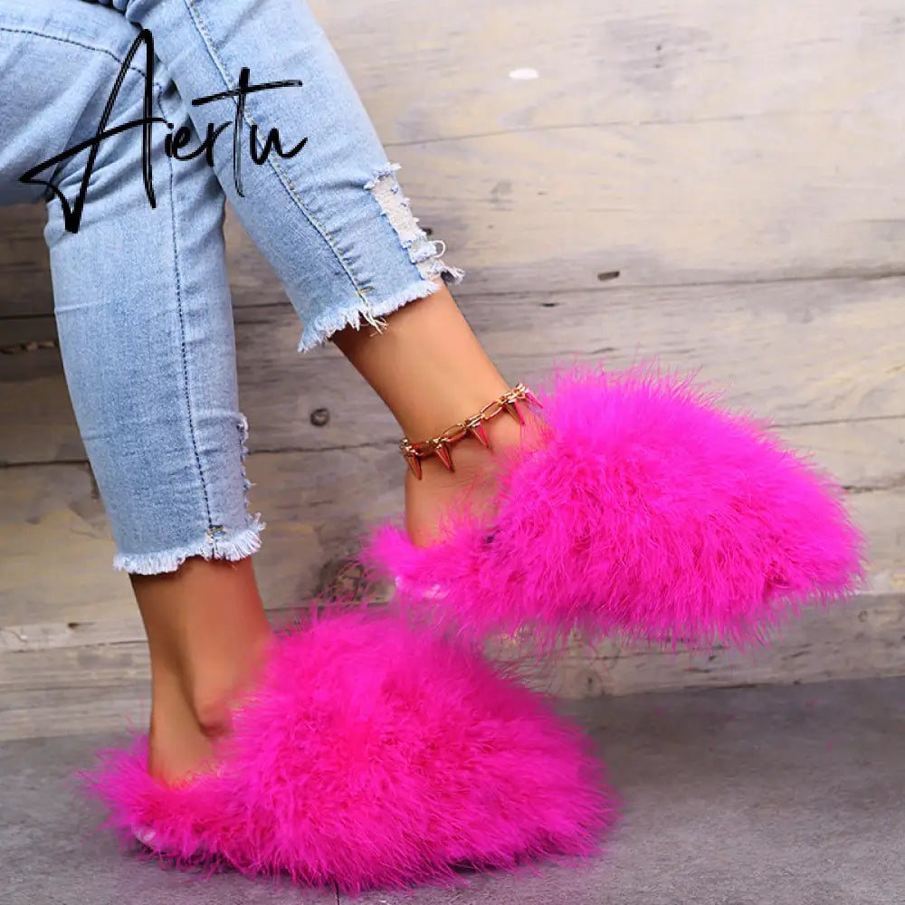 New Faux Fox Fur Slippers Women's Furry Warm Flip Flops Fullfy Raccoon Fur Slides Flat Comfortable Home Shoes Plus Size Couple Aiertu