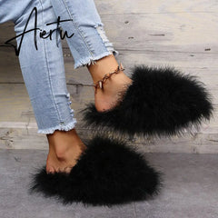 New Faux Fox Fur Slippers Women's Furry Warm Flip Flops Fullfy Raccoon Fur Slides Flat Comfortable Home Shoes Plus Size Couple Aiertu