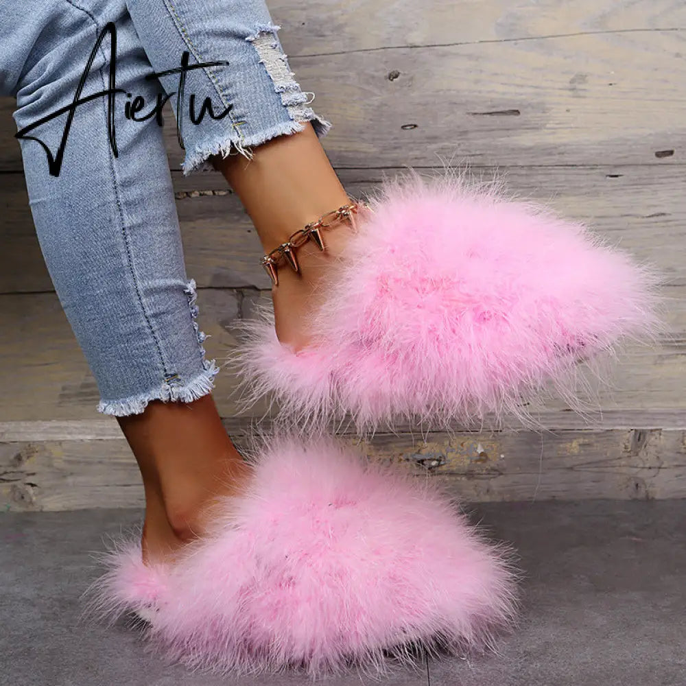 New Faux Fox Fur Slippers Women's Furry Warm Flip Flops Fullfy Raccoon Fur Slides Flat Comfortable Home Shoes Plus Size Couple Aiertu