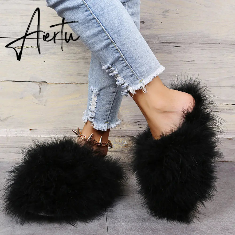 New Faux Fox Fur Slippers Women's Furry Warm Flip Flops Fullfy Raccoon Fur Slides Flat Comfortable Home Shoes Plus Size Couple Aiertu