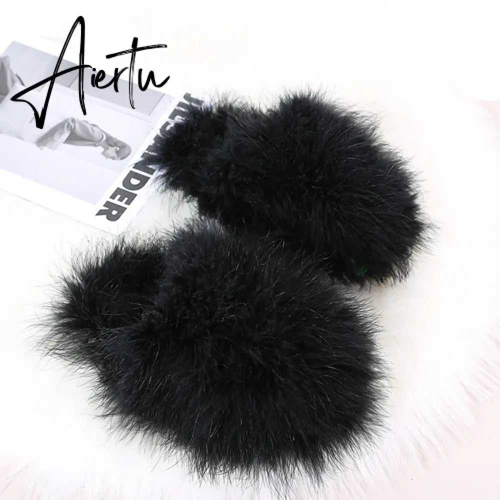 New Faux Fox Fur Slippers Women's Furry Warm Flip Flops Fullfy Raccoon Fur Slides Flat Comfortable Home Shoes Plus Size Couple Aiertu