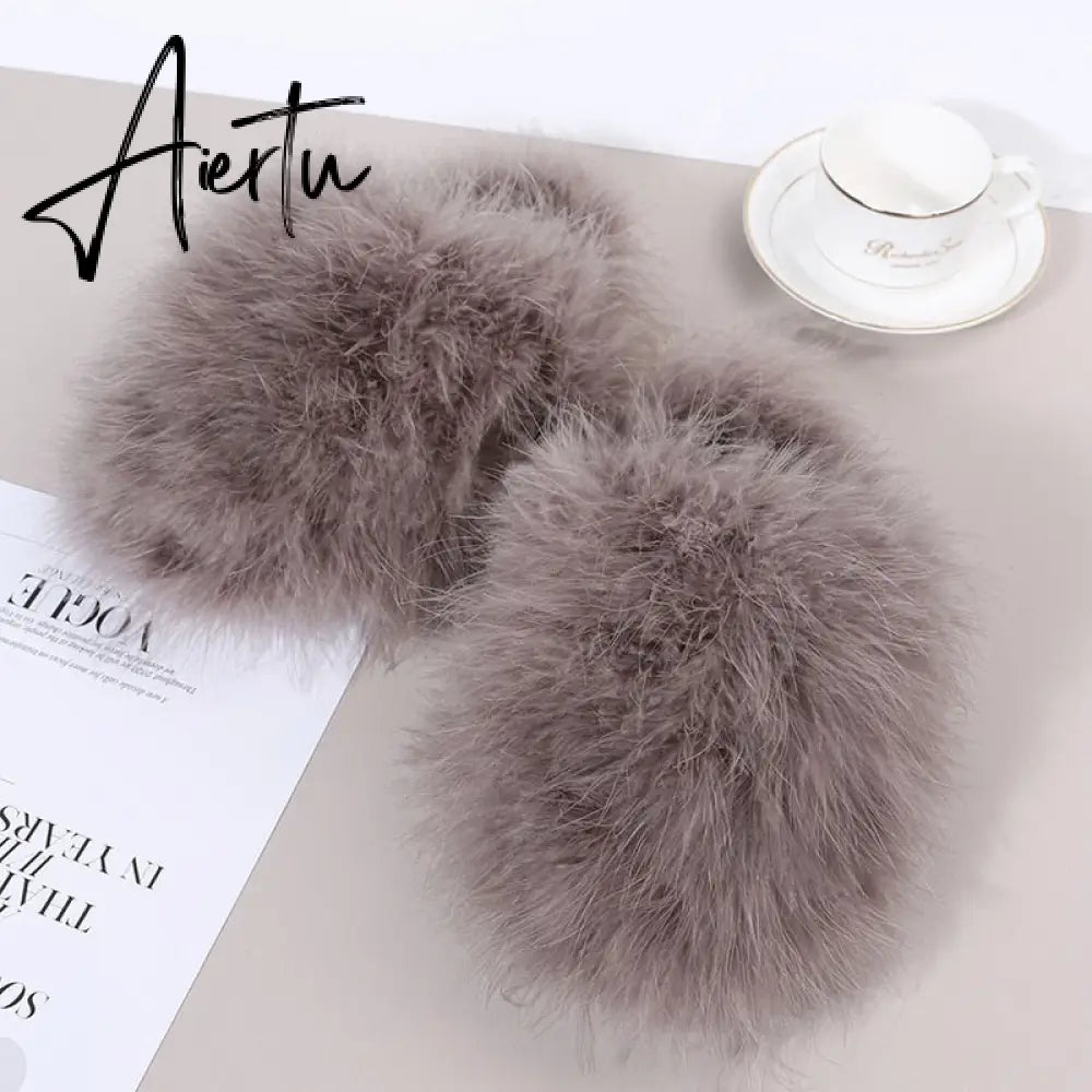 New Faux Fox Fur Slippers Women's Furry Warm Flip Flops Fullfy Raccoon Fur Slides Flat Comfortable Home Shoes Plus Size Couple Aiertu