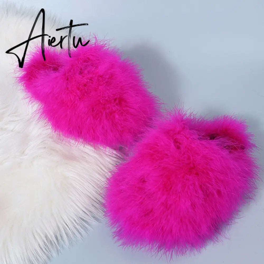 New Faux Fox Fur Slippers Women's Furry Warm Flip Flops Fullfy Raccoon Fur Slides Flat Comfortable Home Shoes Plus Size Couple Aiertu