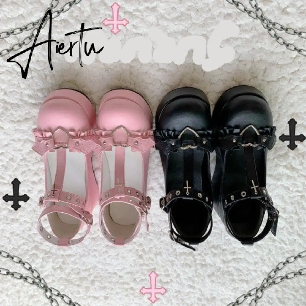 New Gothic Flats Lolita Women's Shoes Harajuku Thick-soled Dark Punk JK Japanese Retro Platform Women's Shoes Kawaii Shoes Aiertu