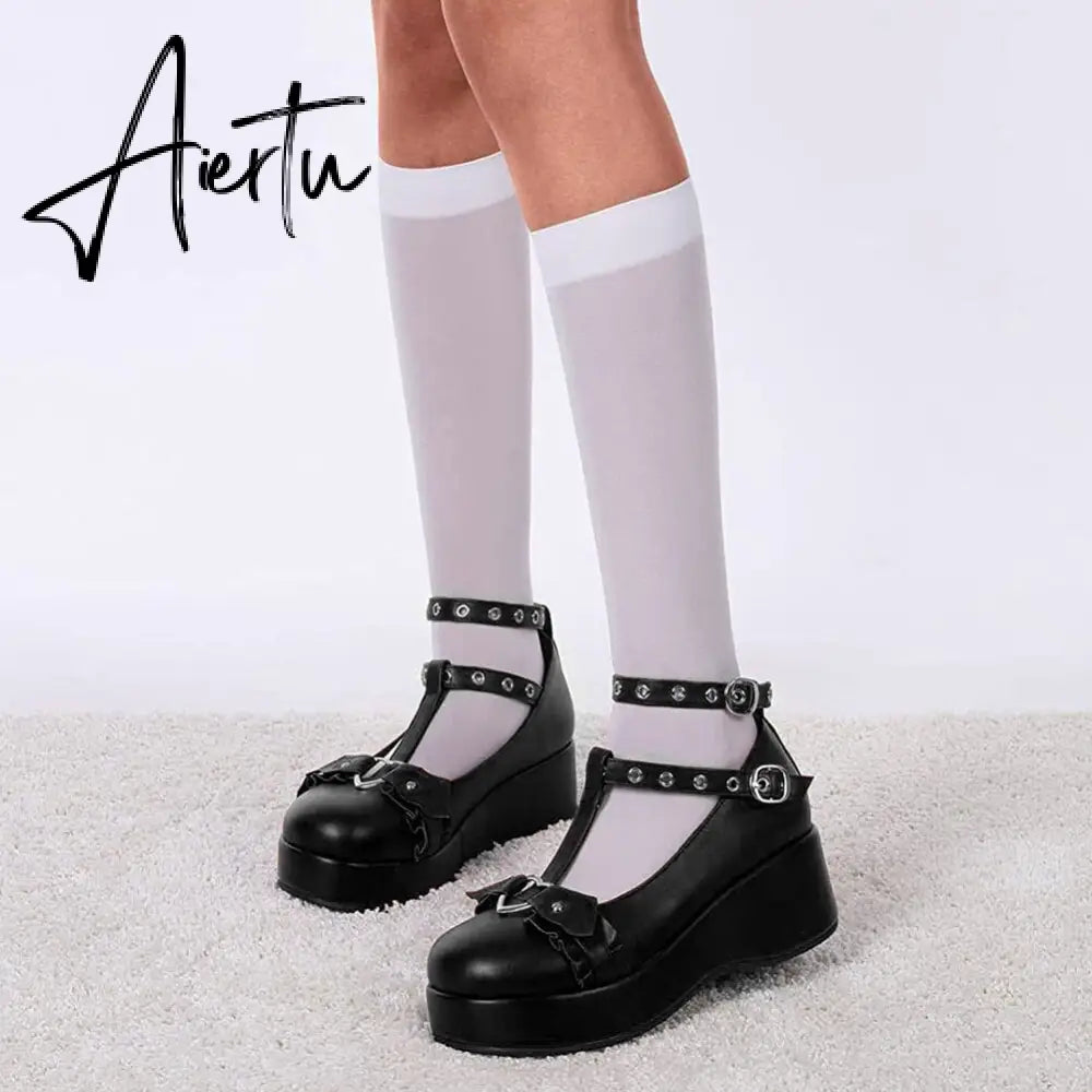 New Gothic Flats Lolita Women's Shoes Harajuku Thick-soled Dark Punk JK Japanese Retro Platform Women's Shoes Kawaii Shoes Aiertu