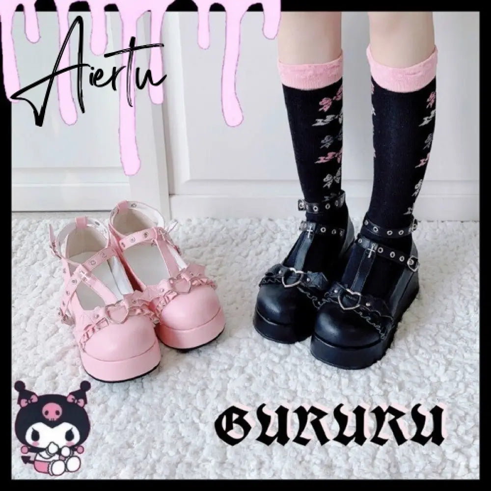 New Gothic Flats Lolita Women's Shoes Harajuku Thick-soled Dark Punk JK Japanese Retro Platform Women's Shoes Kawaii Shoes Aiertu