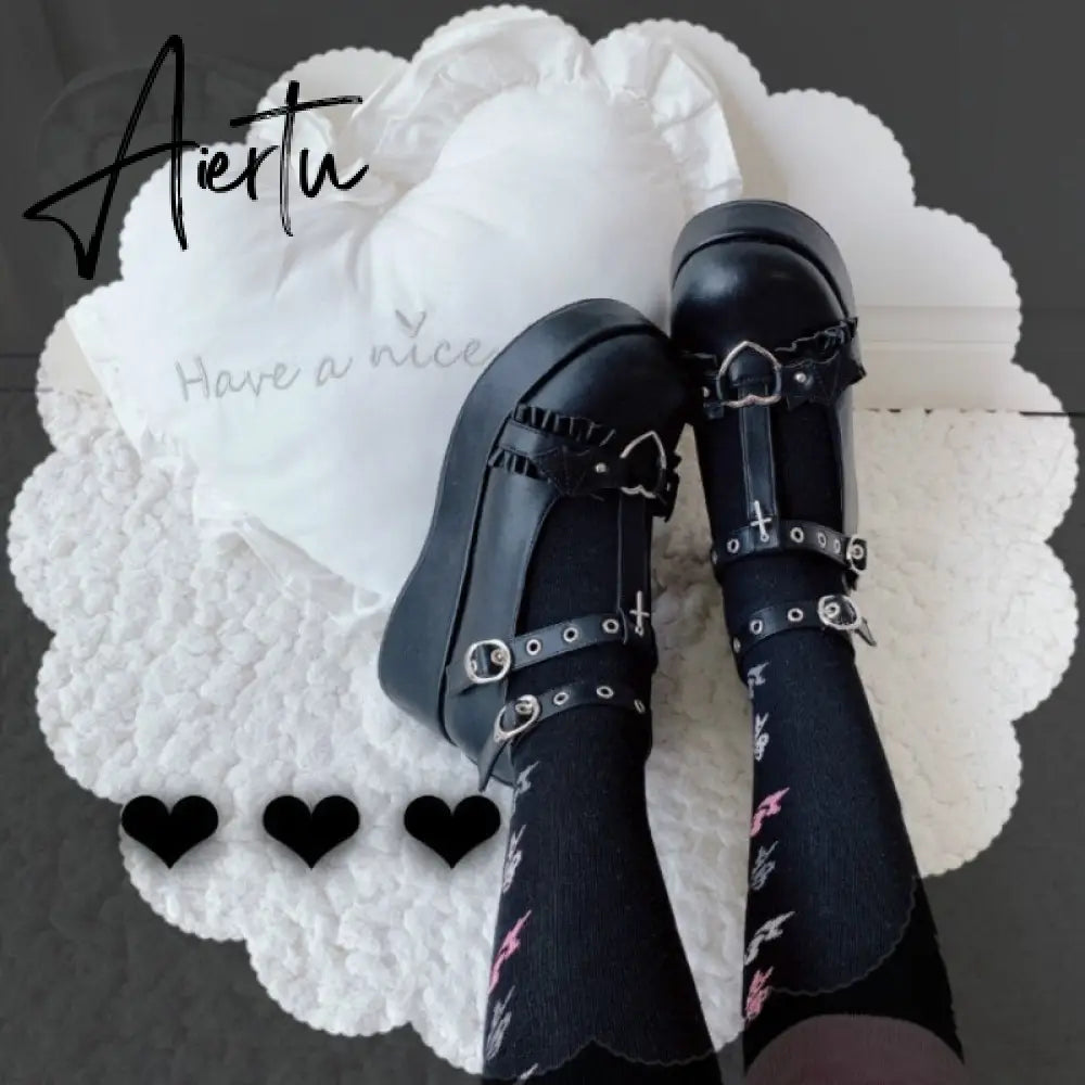 New Gothic Flats Lolita Women's Shoes Harajuku Thick-soled Dark Punk JK Japanese Retro Platform Women's Shoes Kawaii Shoes Aiertu