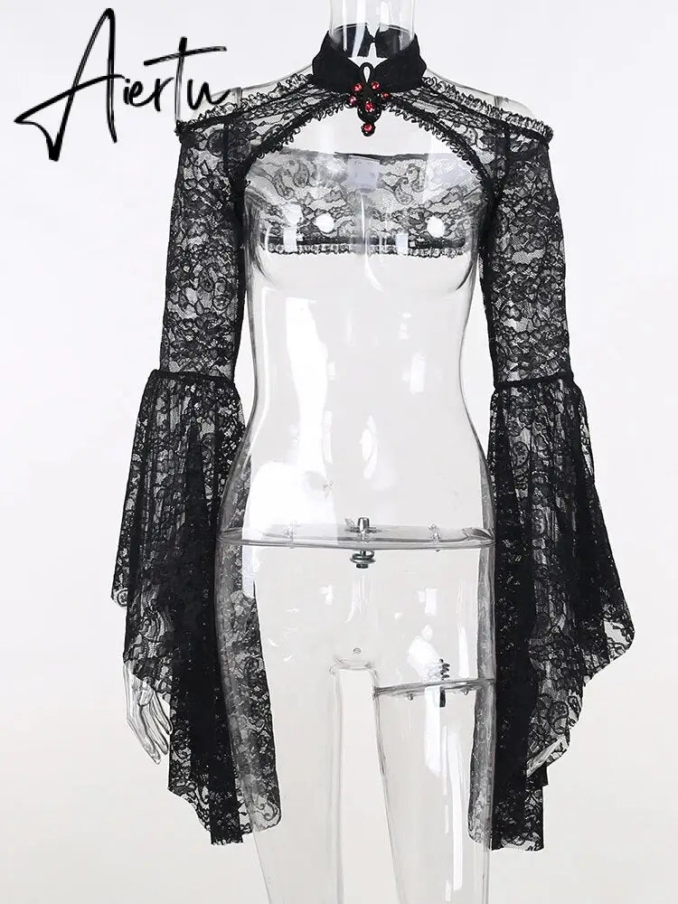 New Gothic Y2K Vintage Lace Overlays See Through Woman Cosplay Cover-ups Coat Stand Flare Sleeve Black Fairy Grunge Smock Aiertu