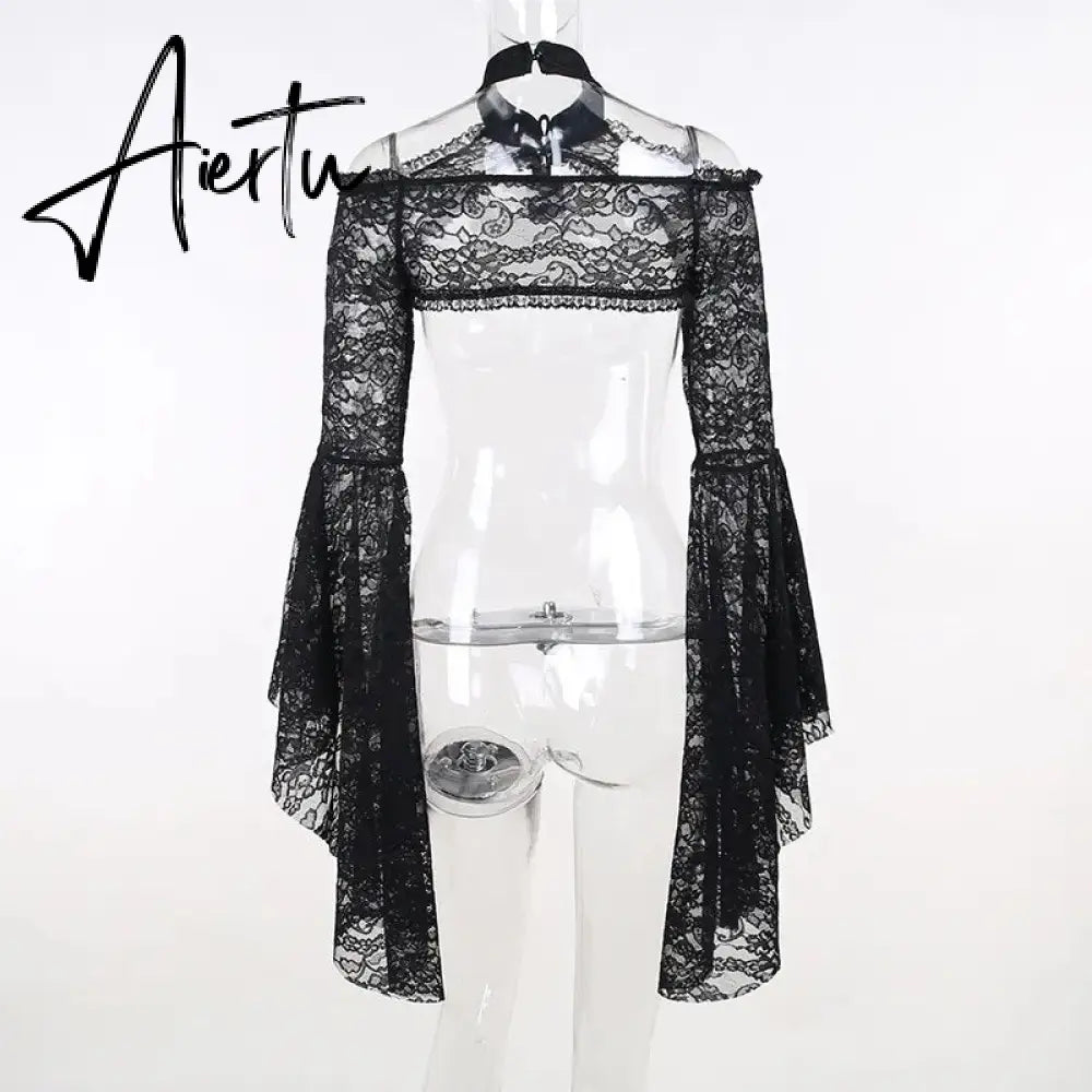 New Gothic Y2K Vintage Lace Overlays See Through Woman Cosplay Cover-ups Coat Stand Flare Sleeve Black Fairy Grunge Smock Aiertu