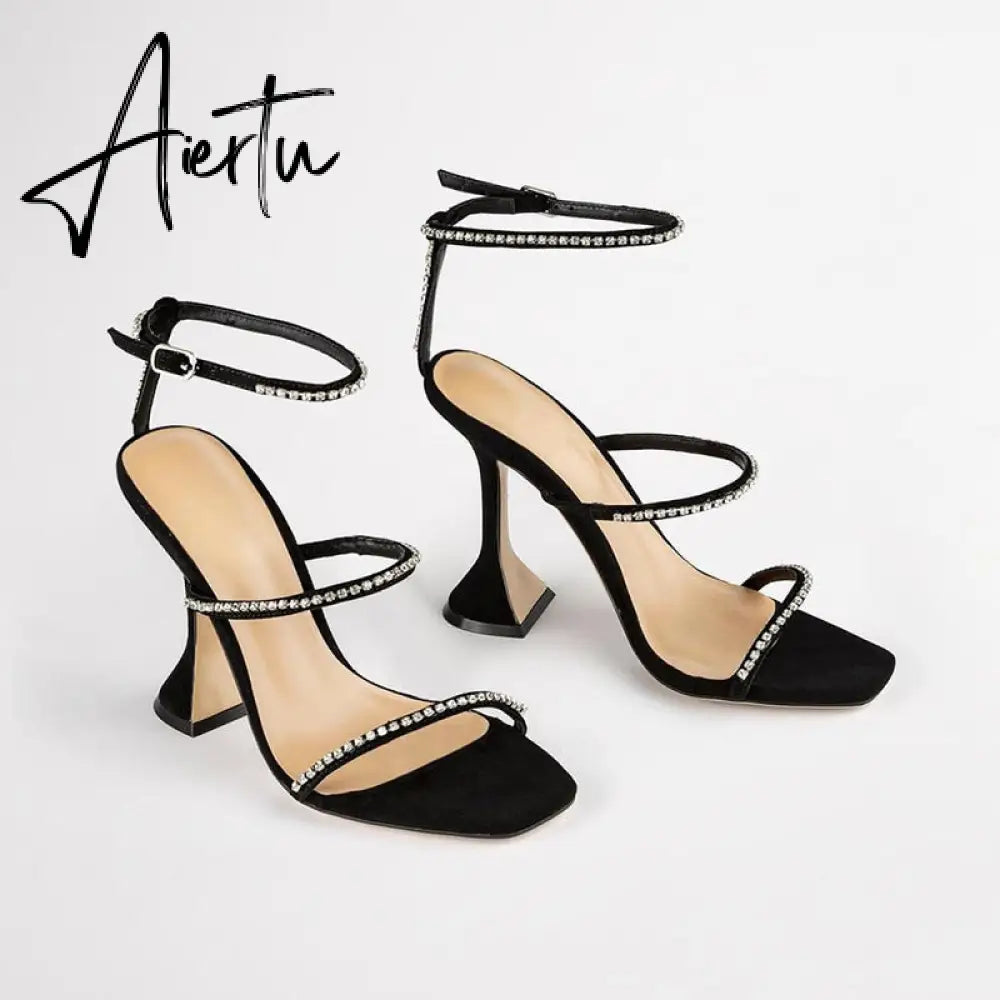 New High Heels Square Toe Wine Glass with A Word with Large Size Sexy Rhinestone Sandals Women Aiertu