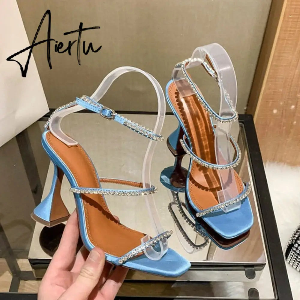 New High Heels Square Toe Wine Glass with A Word with Large Size Sexy Rhinestone Sandals Women Aiertu