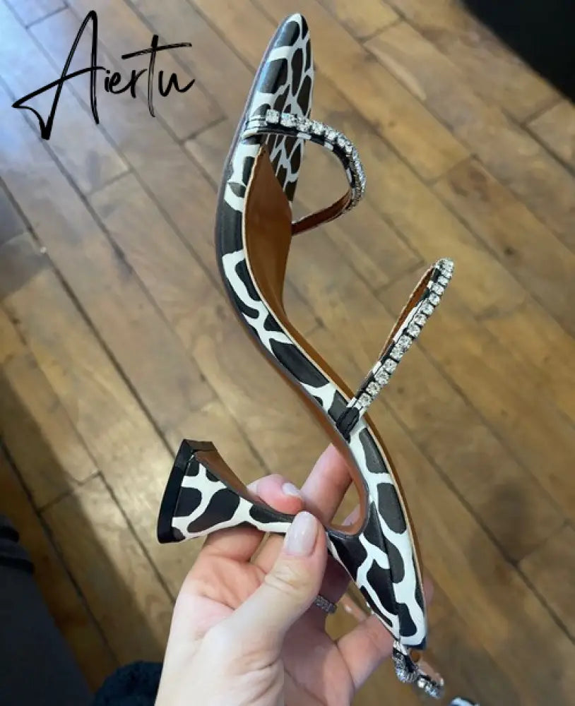 New High Heels Square Toe Wine Glass with A Word with Large Size Sexy Rhinestone Sandals Women Aiertu